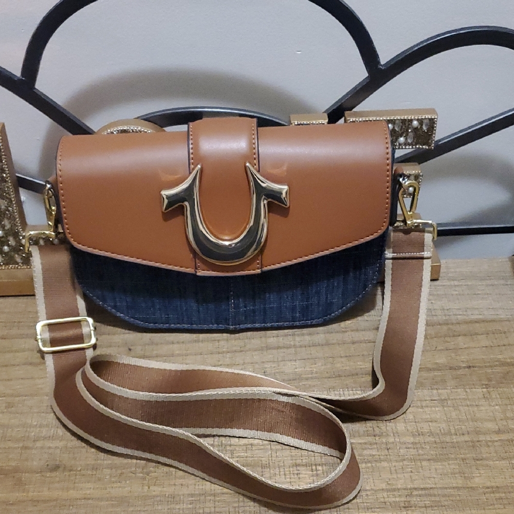 True Religion Women's Denim Saddle Bag with Oversized Horseshoe Logo Crossbody